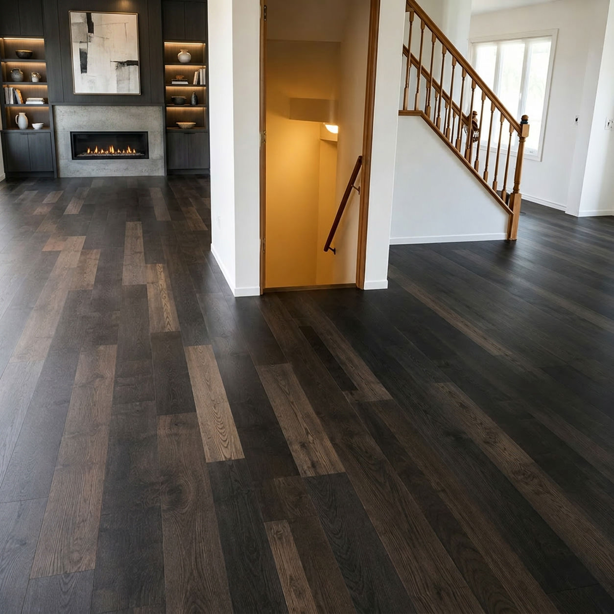 Dark ebonized oak floor with visible grain and board variation in a finished living room